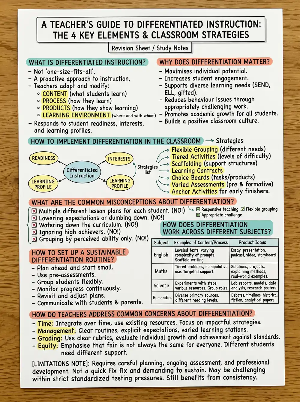 A Teacher's Guide to Differentiated Instruction: The 4 Key Elements & Classroom Strategies: Study Notes preview