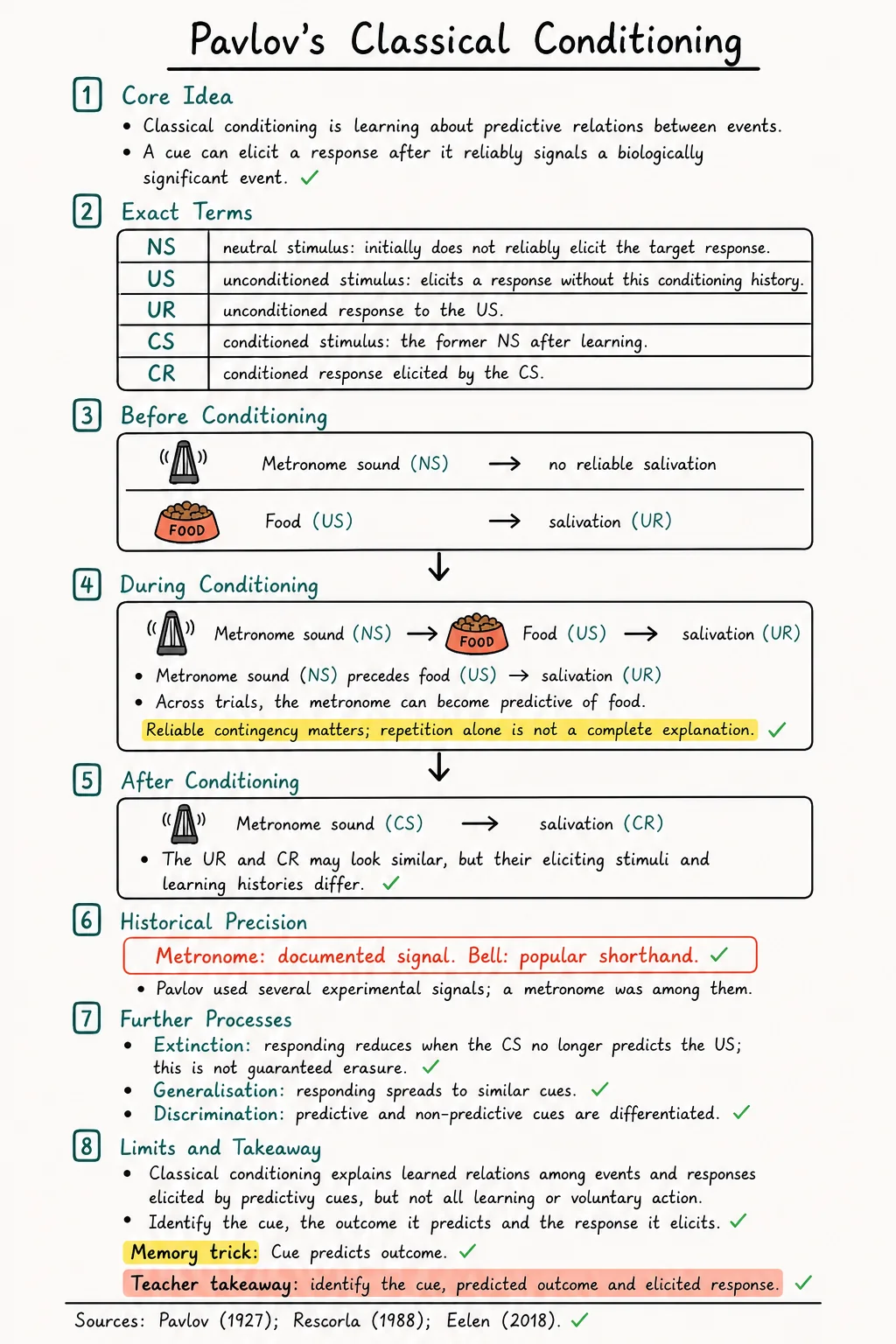 Study note showing Pavlovian conditioning before, during and after learning with NS, US, UR, CS and CR