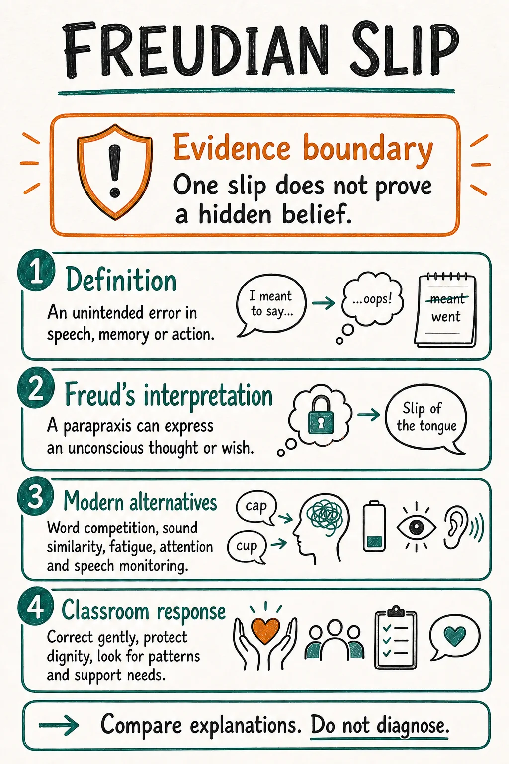Freudian slip study note defining parapraxis, comparing Freud's interpretation with modern alternatives and stating that one slip does not prove a hidden belief