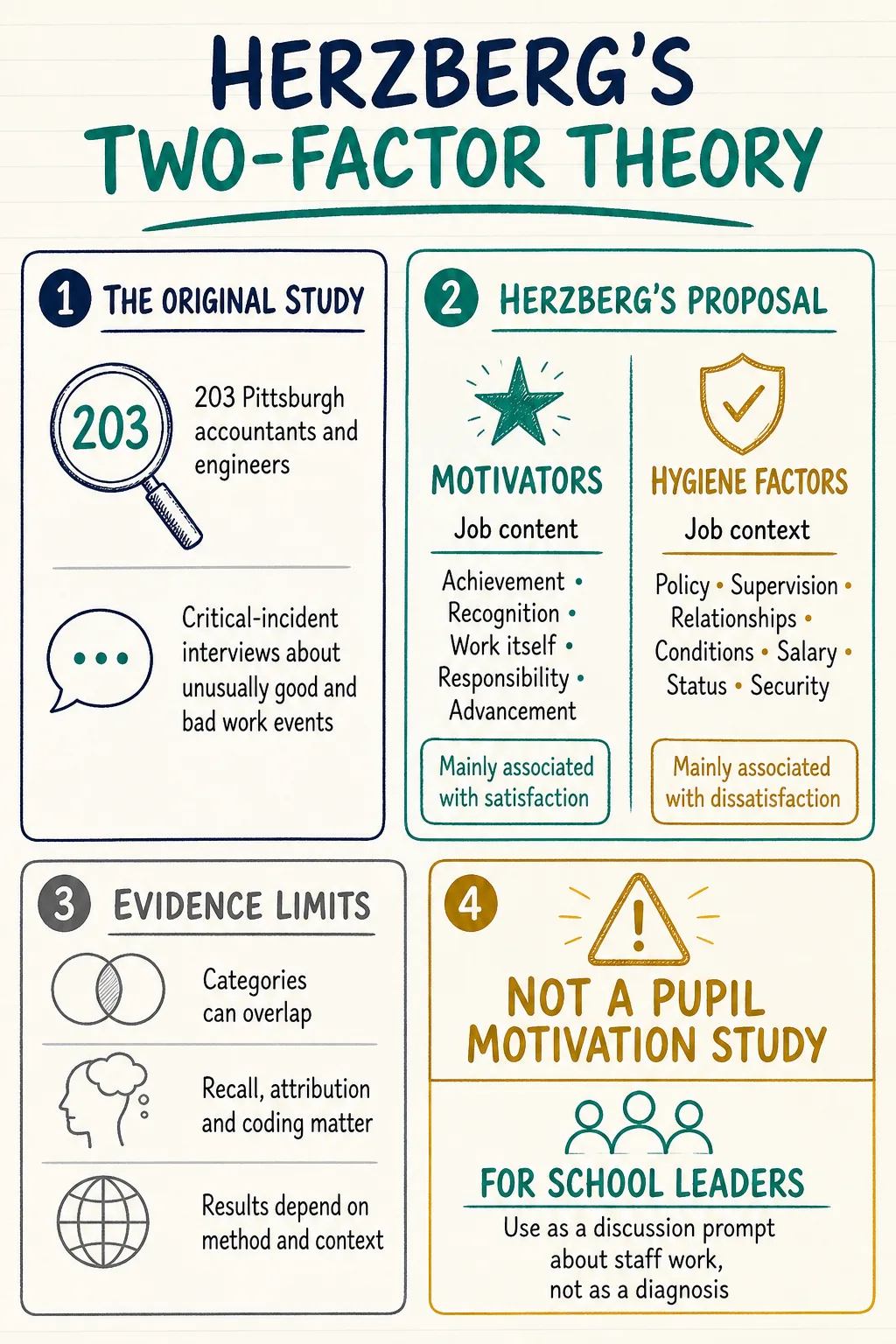 Study note summarising Herzberg's original sample, proposed motivators and hygiene factors, evidence limits and school leadership boundary