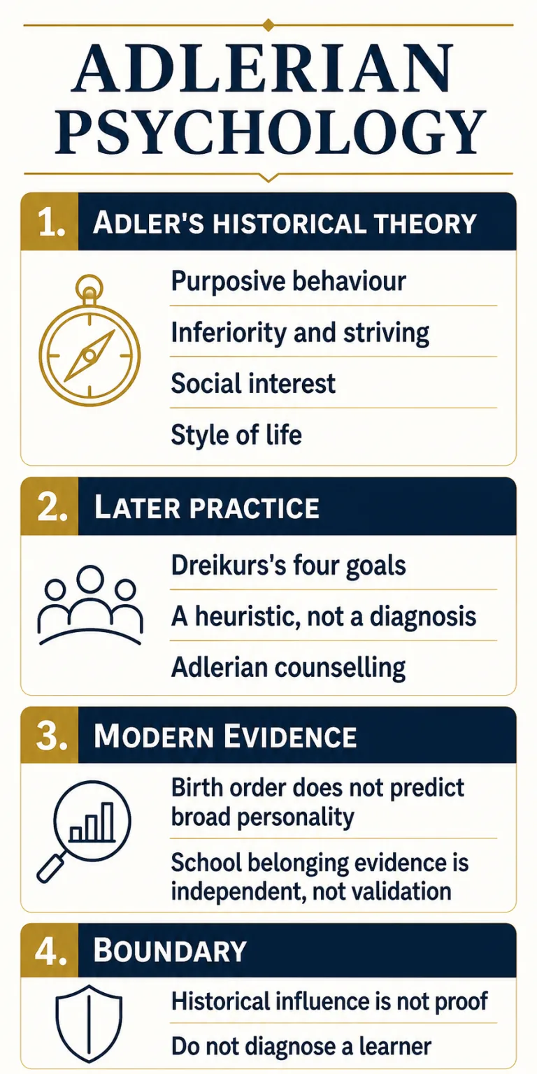 Adlerian psychology study note separating historical theory, later practice, modern evidence and limits on diagnosis