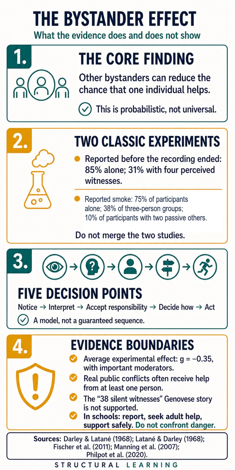 Bystander effect study note separating individual helping probability, two classic experiments, five decision points and evidence limits