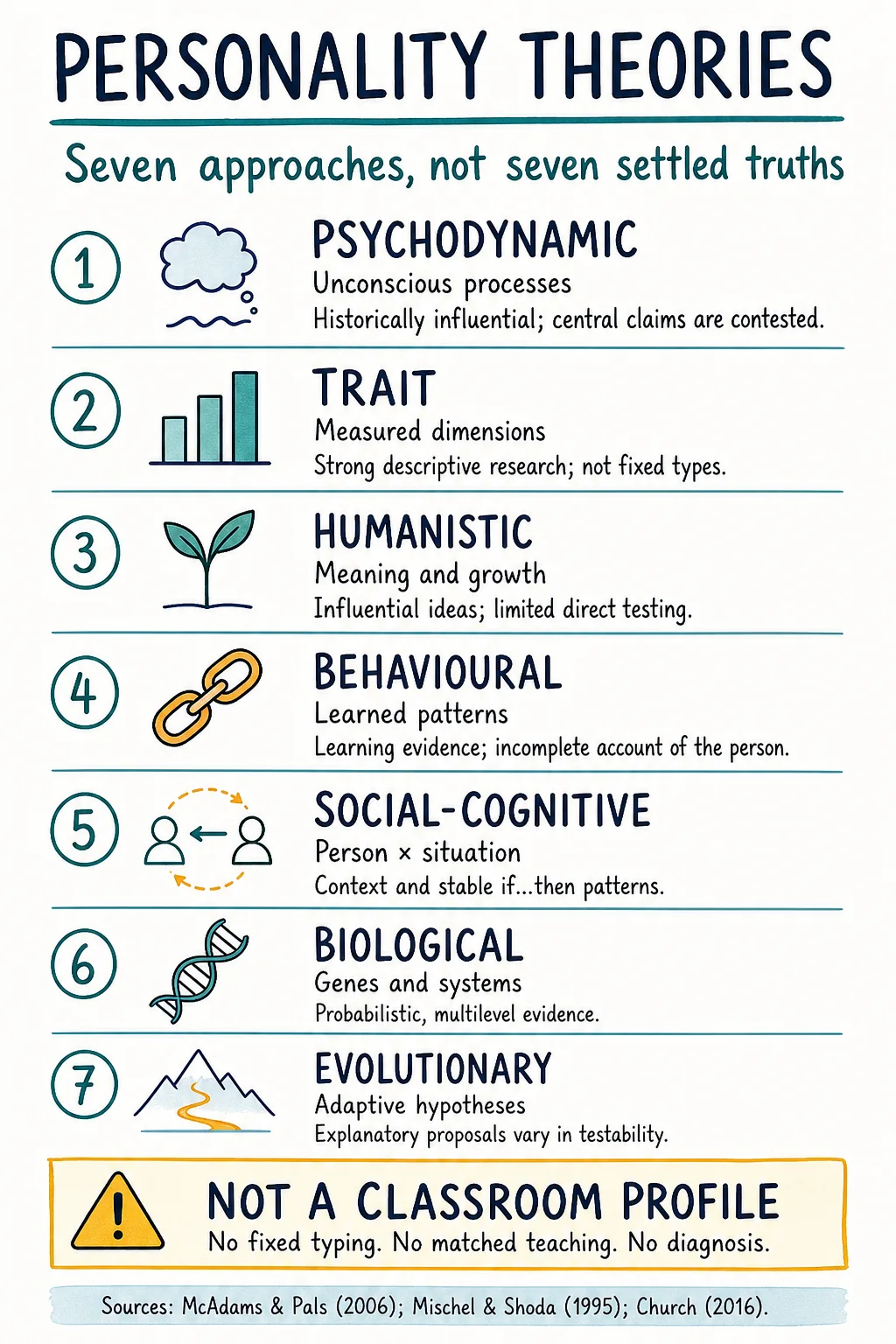 Study note comparing seven broad approaches to personality and warning against fixed classroom profiling