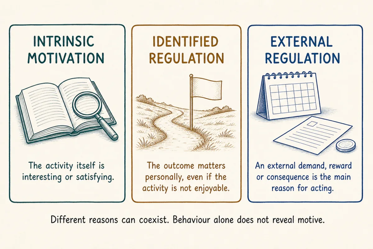 Three equal cards distinguish intrinsic motivation, identified regulation and external regulation, noting that different reasons can coexist and behaviour alone does not reveal motive.