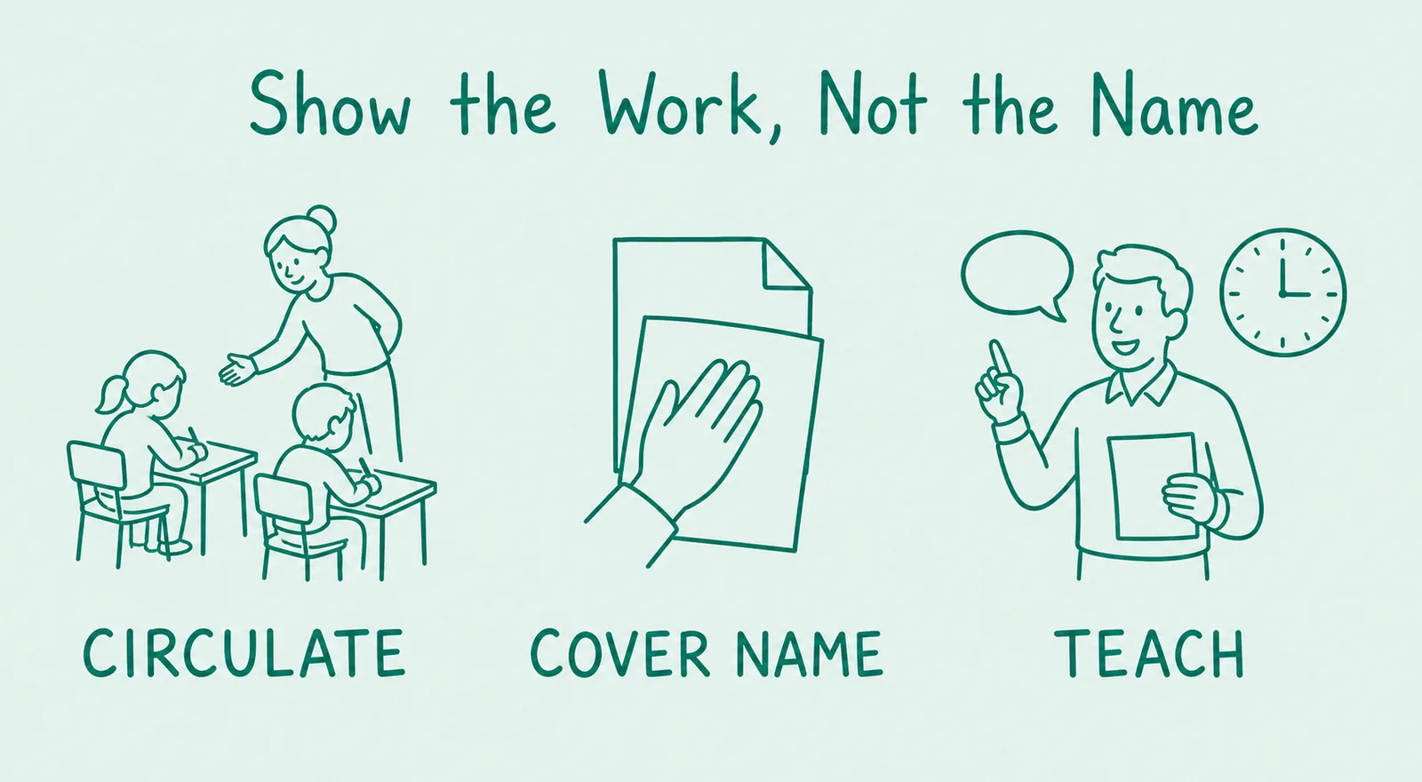 Three hand-drawn teal panels: a teacher moving between two learners writing, labelled circulate; a hand covering the top corner of a sheet, labelled cover name; a teacher holding a sheet and raising a finger, labelled teach.