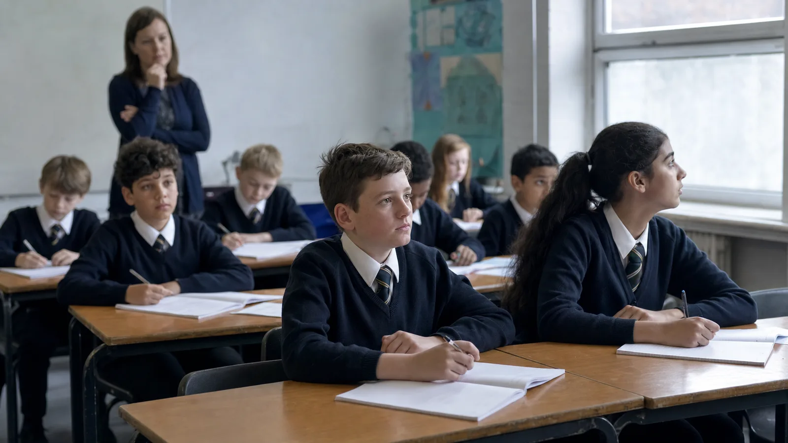 Learners sitting upright at their desks with heads turned to track the teacher speaking at the front, books open, in a quiet secondary classroom.
