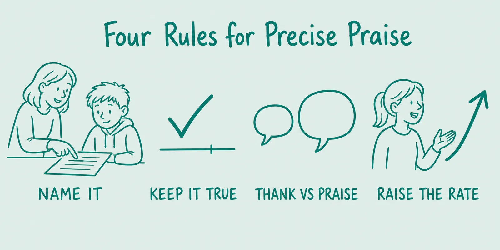 Four hand-drawn teal panels on precise praise: name the specific behaviour, keep the description accurate, separate thanks for compliance from praise for achievement, and raise your overall rate rather than chasing a ratio.