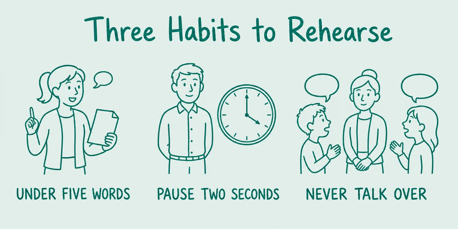 Three hand-drawn teal panels on Strong Voice: cut each instruction to under five words, pause for two seconds after giving it, and never talk over the room.