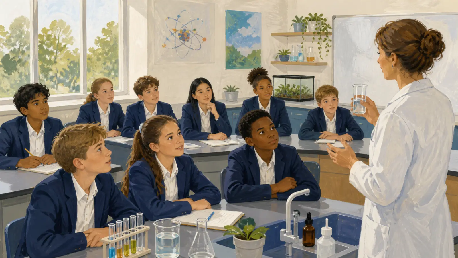 Lower-secondary learners track a science demonstration and prepare to respond to their teacher.