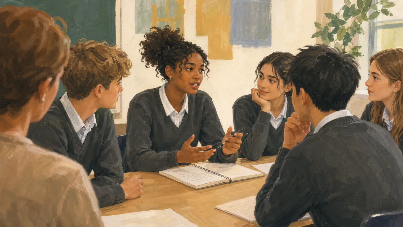 Five secondary learners build on one another’s ideas during a focused seminar discussion.