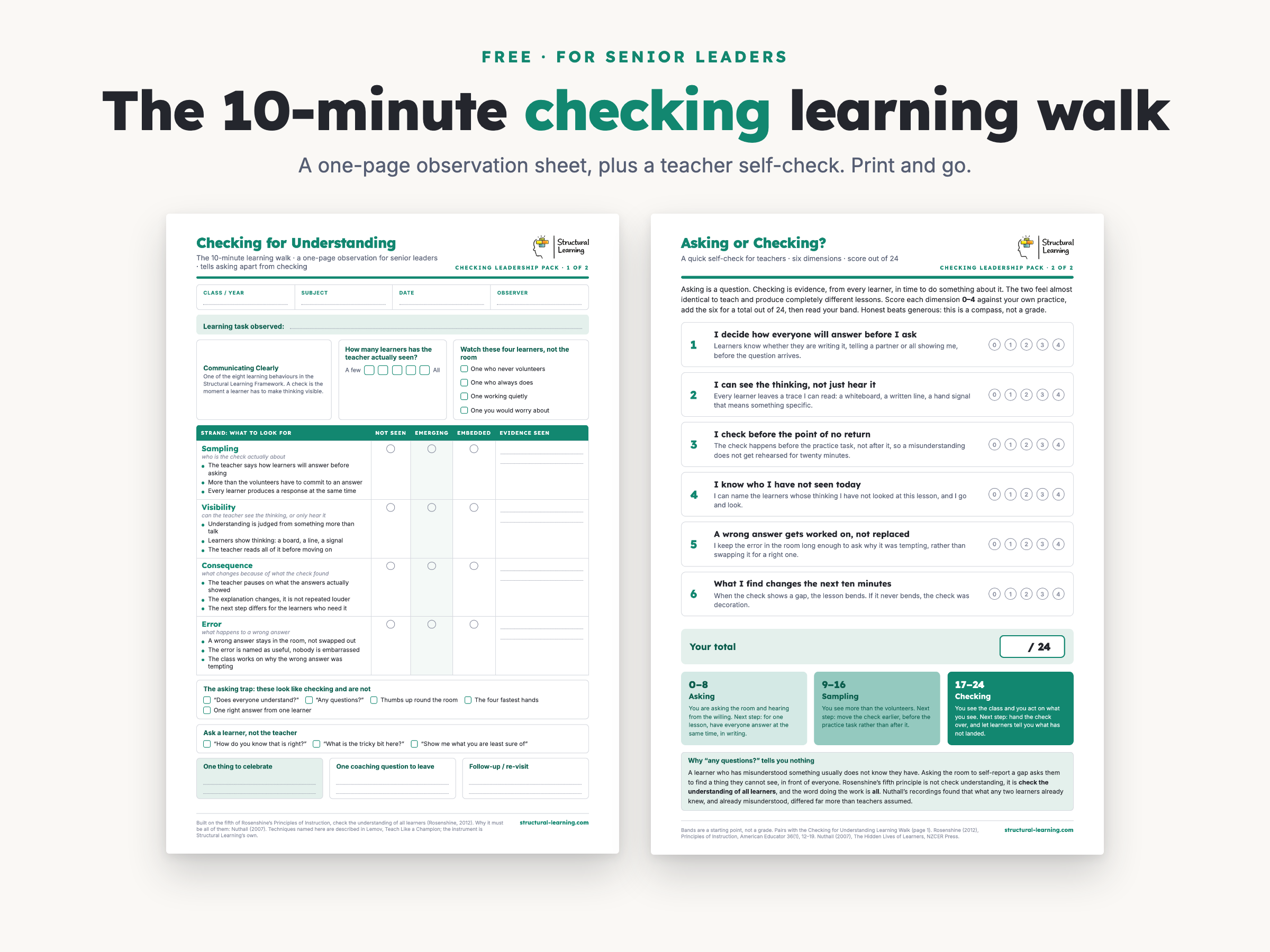 The Checking for Understanding Pack: the learning walk observation pro-forma and the Asking or Checking teacher self-check