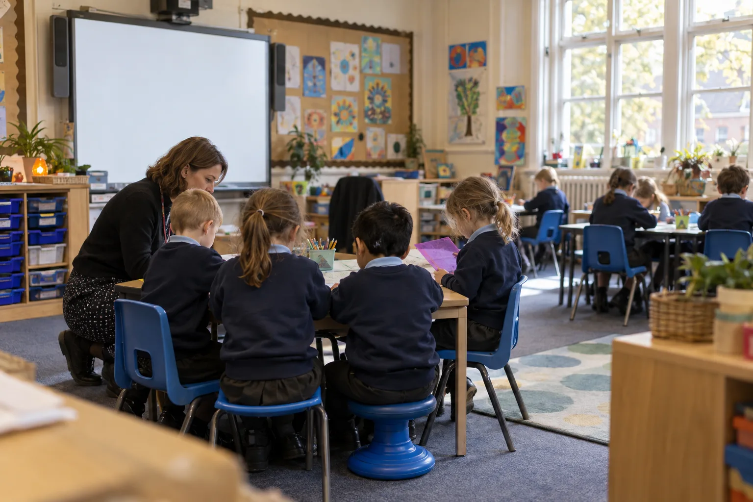 A teacher works with a small group of Year 2 children while the rest of the class works independently