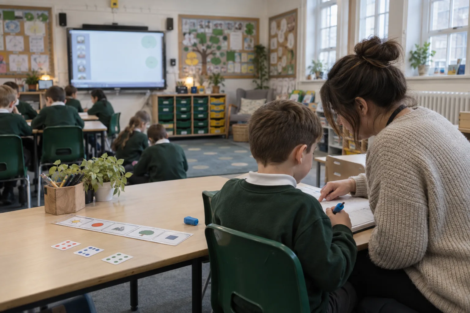 A teaching assistant sits alongside one learner, working through the same exercise book together