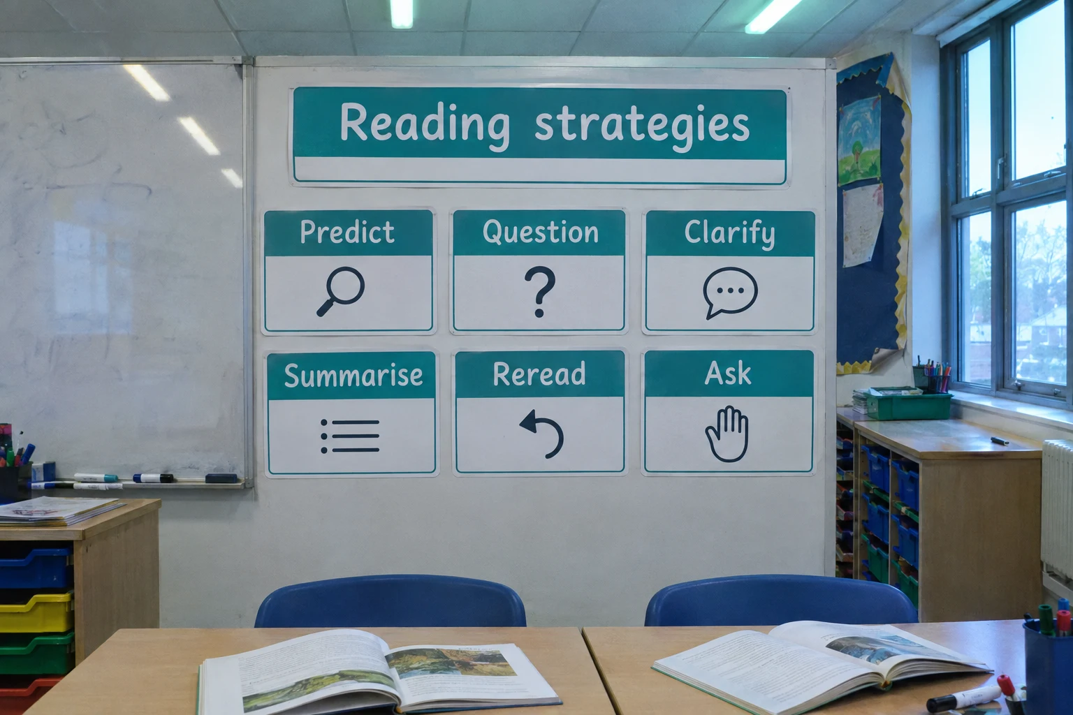 Illustrative classroom display titled Reading strategies with six cards: Predict, Question, Clarify, Summarise, Reread, Ask