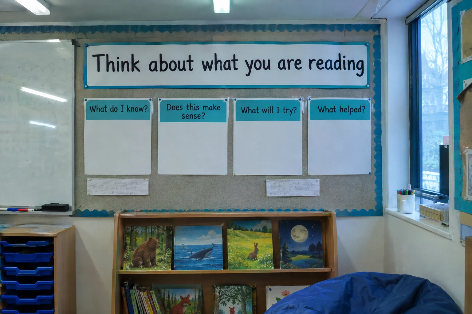 Illustrative classroom display titled Think about what you are reading, with four prompt cards: What do I know, Does this make sense, What will I try, What helped