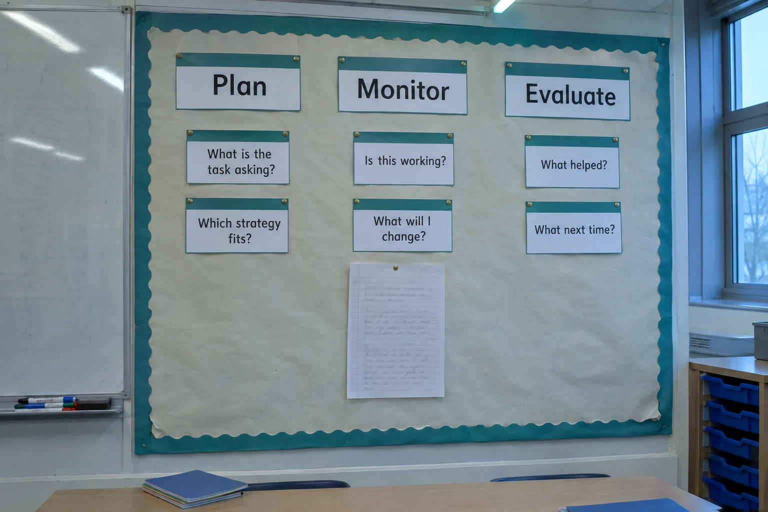 Illustrative classroom mockup of a metacognition working wall with Plan, Monitor and Evaluate columns, moveable prompt cards and a completed learner example