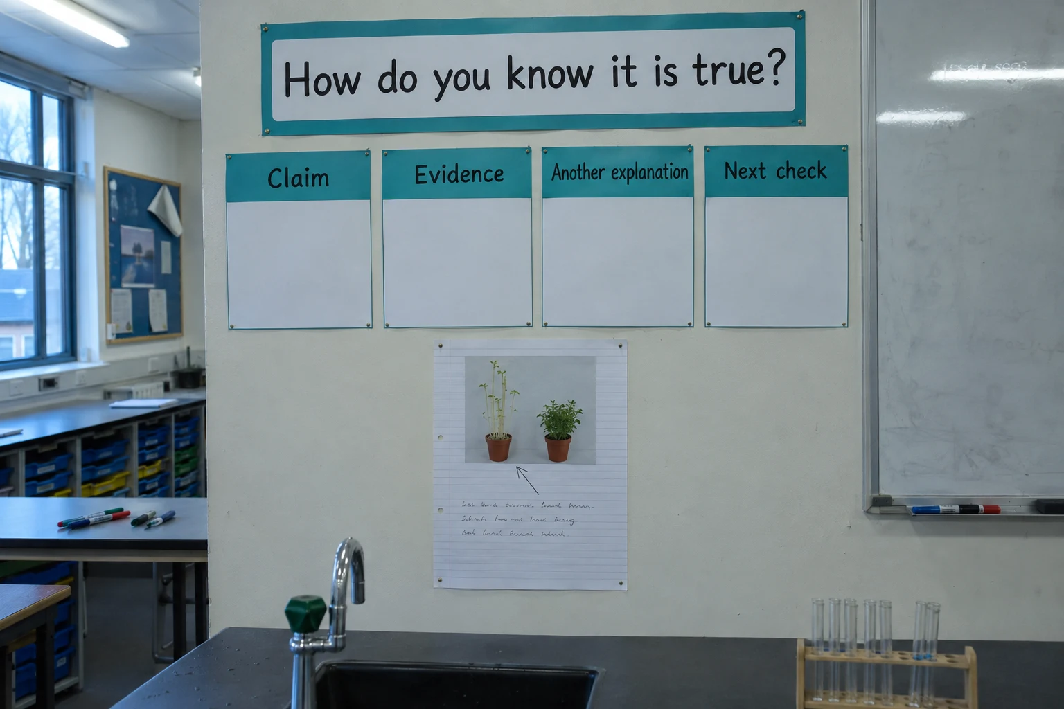 Illustrative classroom mockup: a How Do You Know It Is True? wall display with four cards, claim, evidence, another explanation and next check, around one investigation