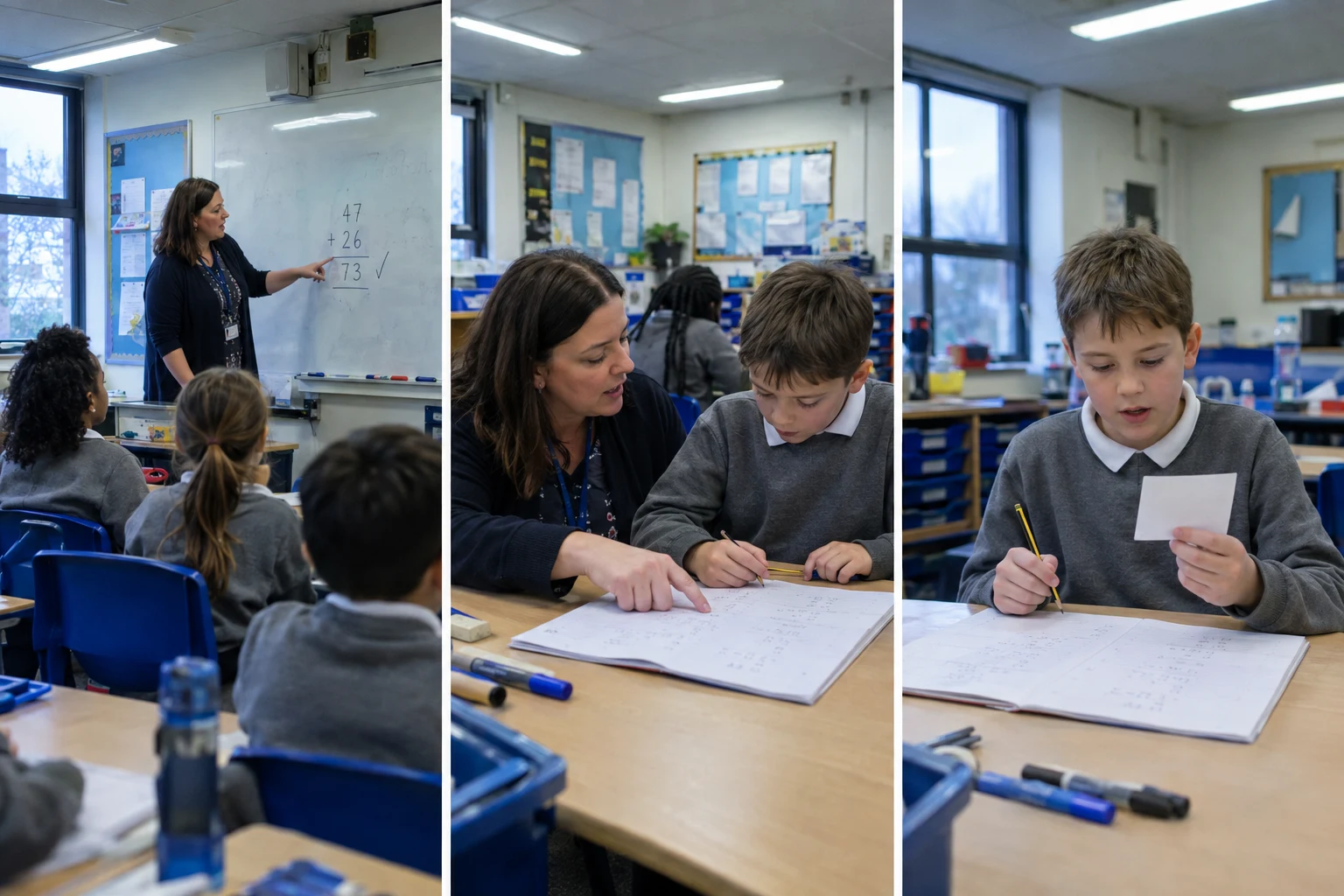 Three-frame sequence in a primary classroom: the teacher models one check aloud, then teacher and learner check together, then the learner uses a shorter prompt card alone