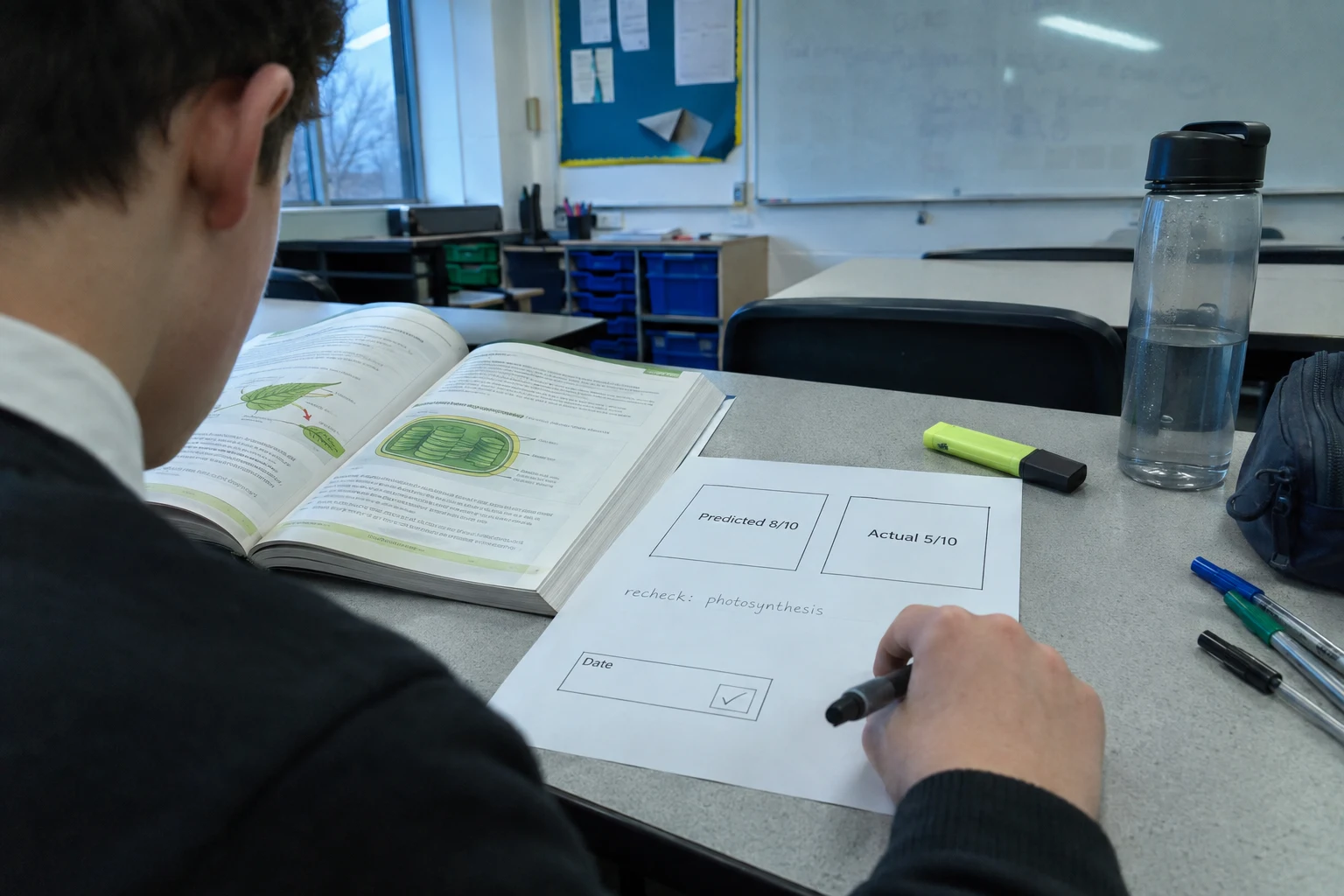 Close-up of a revision desk: a tracker sheet shows a predicted score of 8 out of 10 beside an actual score of 5, the missed topic circled and the next retrieval check written in