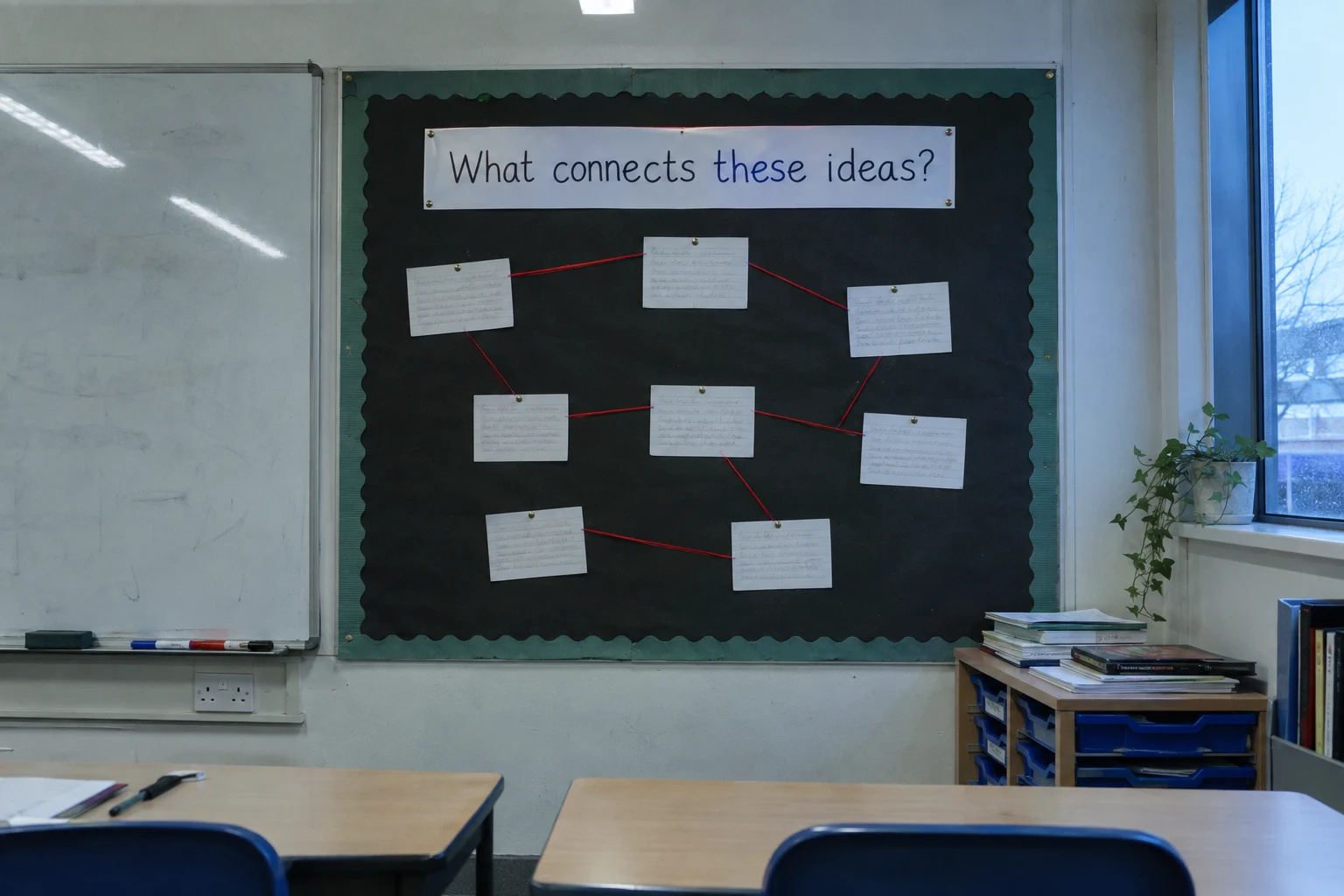 A classroom working wall on black backing paper titled What connects these ideas? Nine handwritten index cards are pinned across the board and joined by lengths of red string, so the connections between the ideas are visible as a web rather than a list.