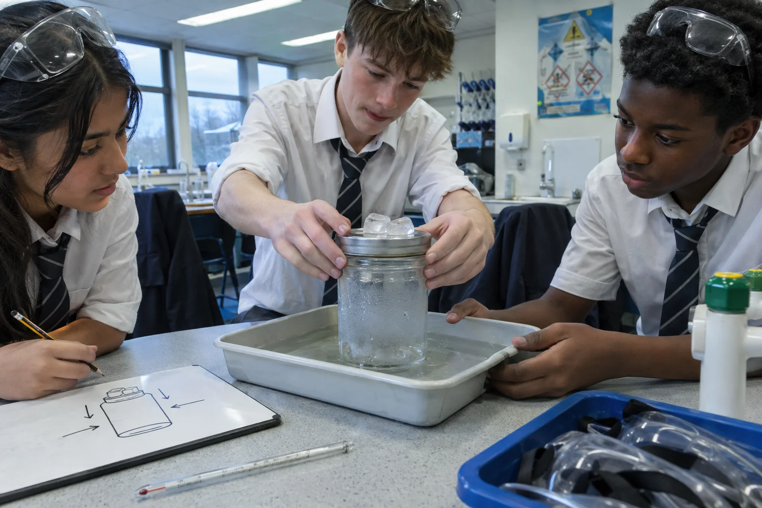 Three Year 8 learners at a science bench setting up a condensation demonstration: one lowers an ice-topped metal lid onto a glass jar standing in a tray of warm water, a second steadies the tray, a third watches the droplets forming on the cold glass with a pencil ready to record. A mini whiteboard shows a hand-drawn jar diagram with arrows.