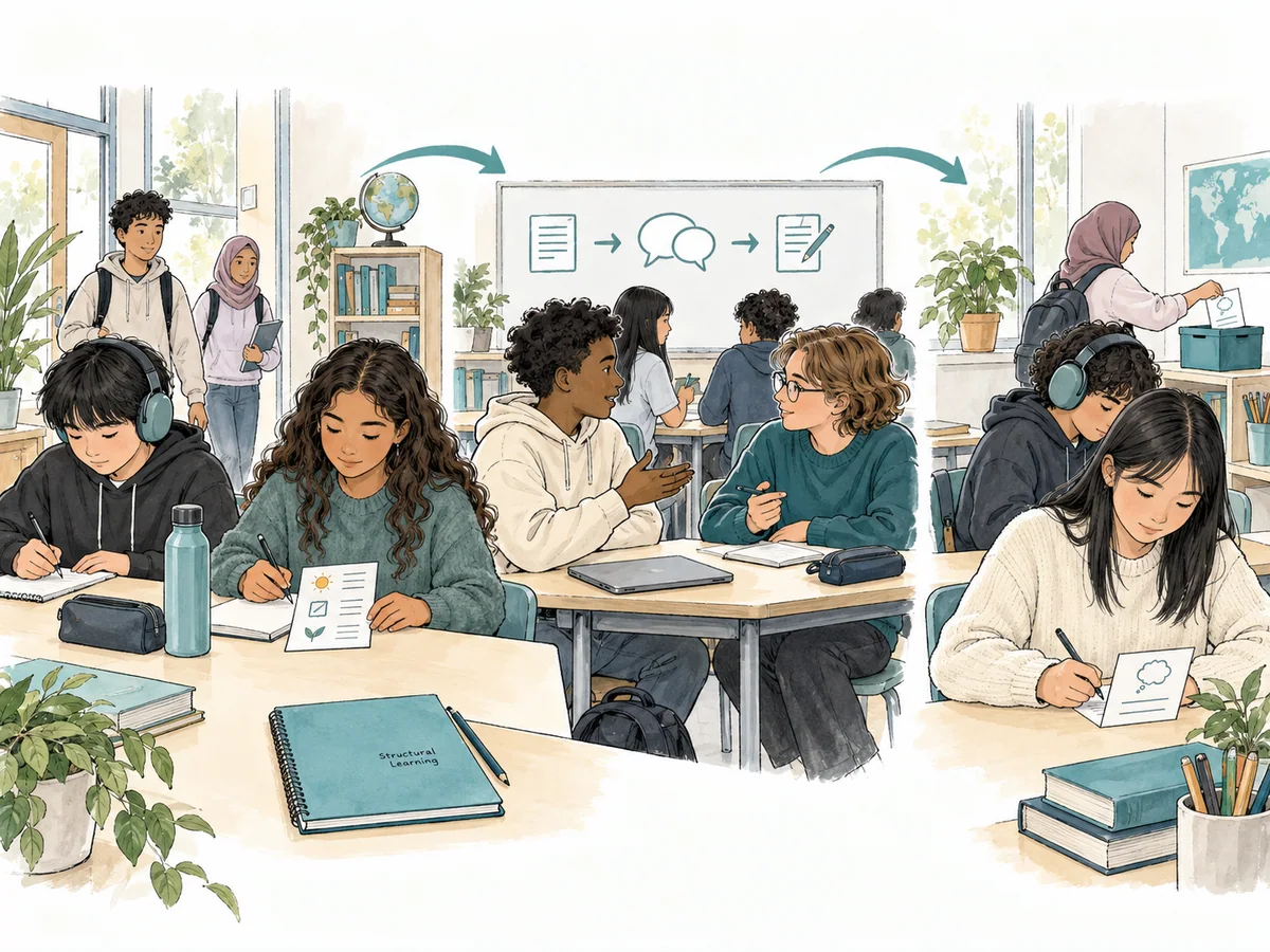 Learners use clear routines to begin, discuss ideas and reflect in an international classroom.