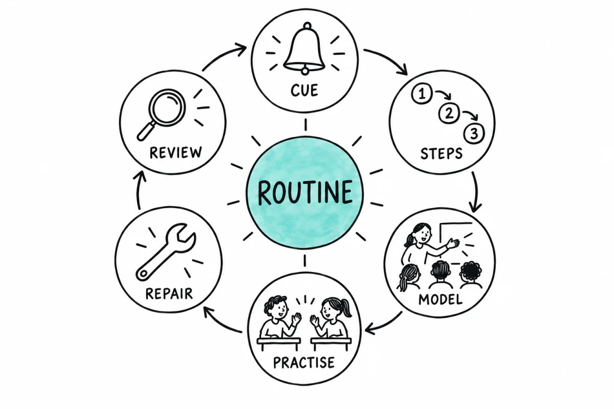 Sketchnote showing a classroom routine cycle: cue, steps, model, practise, repair and review.