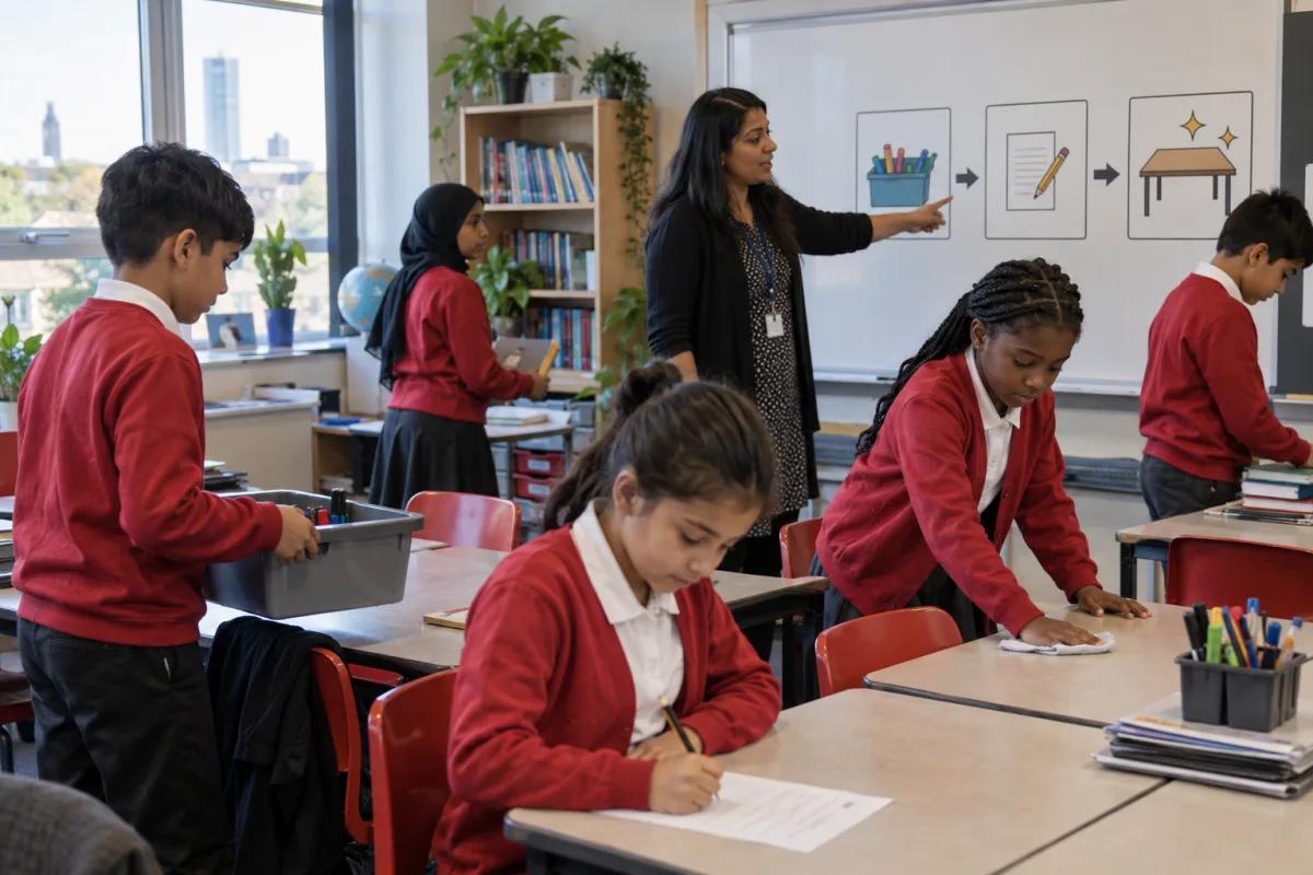 A Year 6 teacher demonstrates an exit routine as learners return resources, reflect and reset tables.
