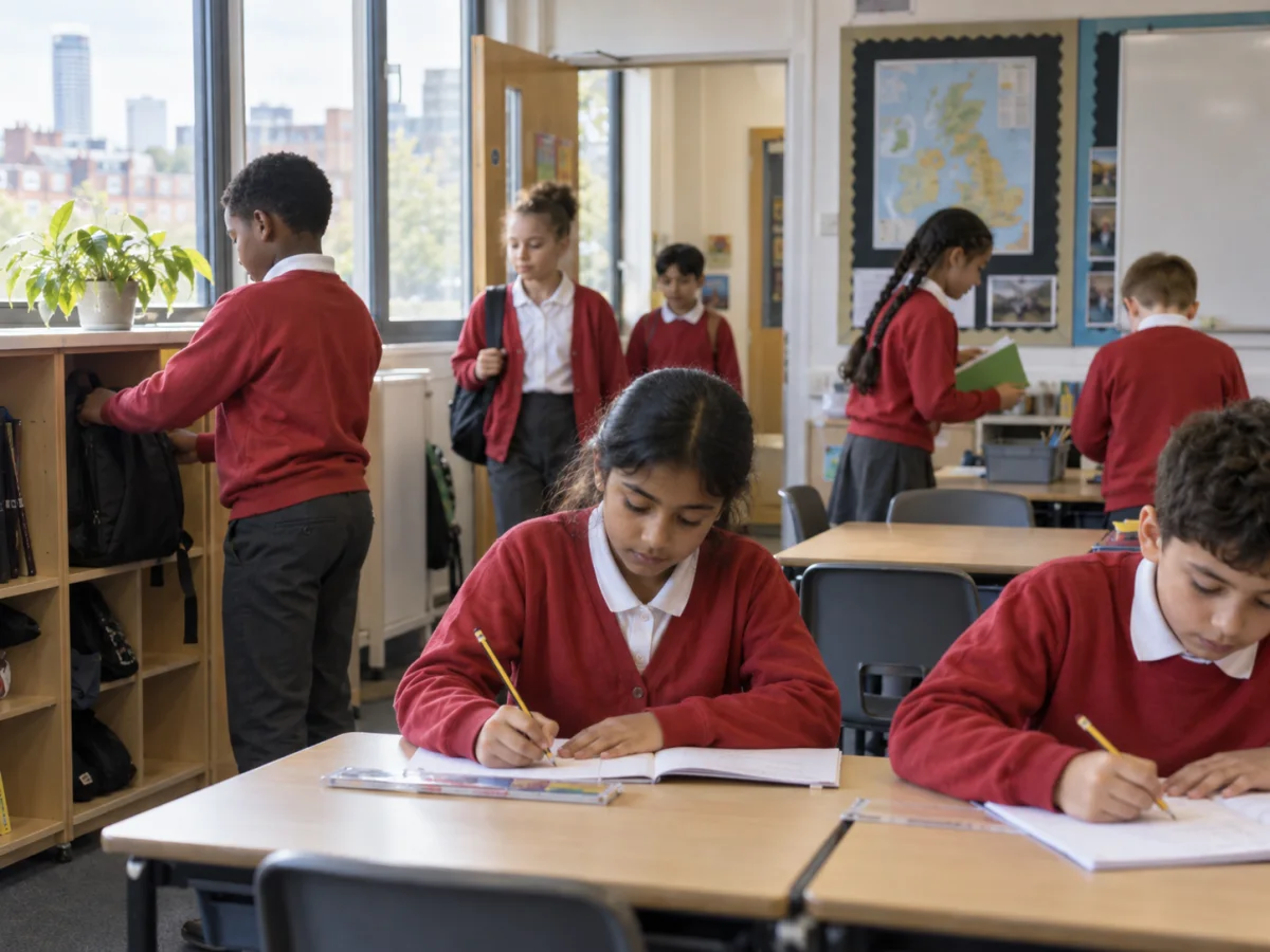 Year 6 learners in a Birmingham classroom follow an arrival routine before beginning independent work.