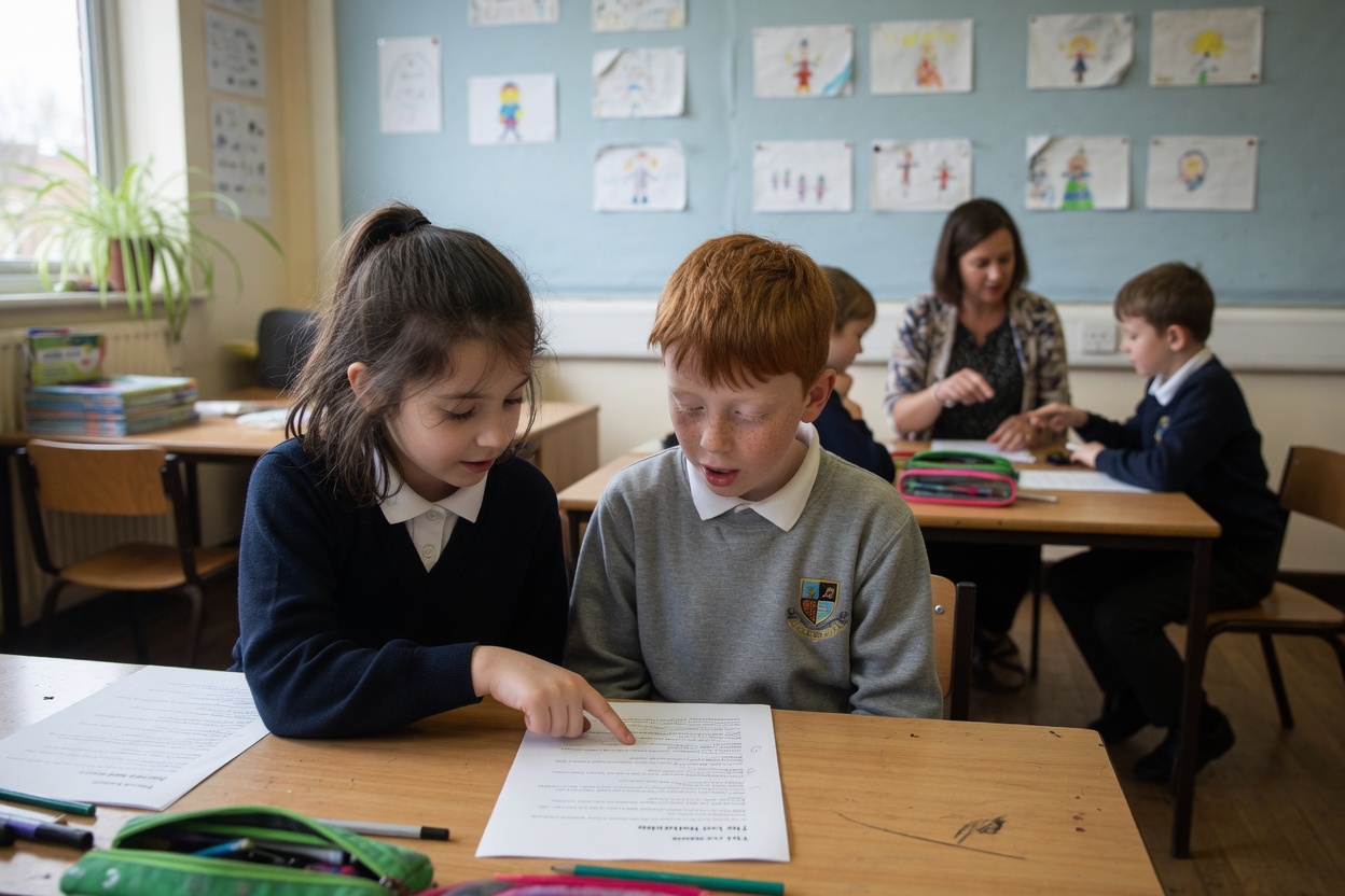 Two learners at a table sharing one passage, one tracking the line with a finger while the other reads it aloud, the teacher listening to a group behind