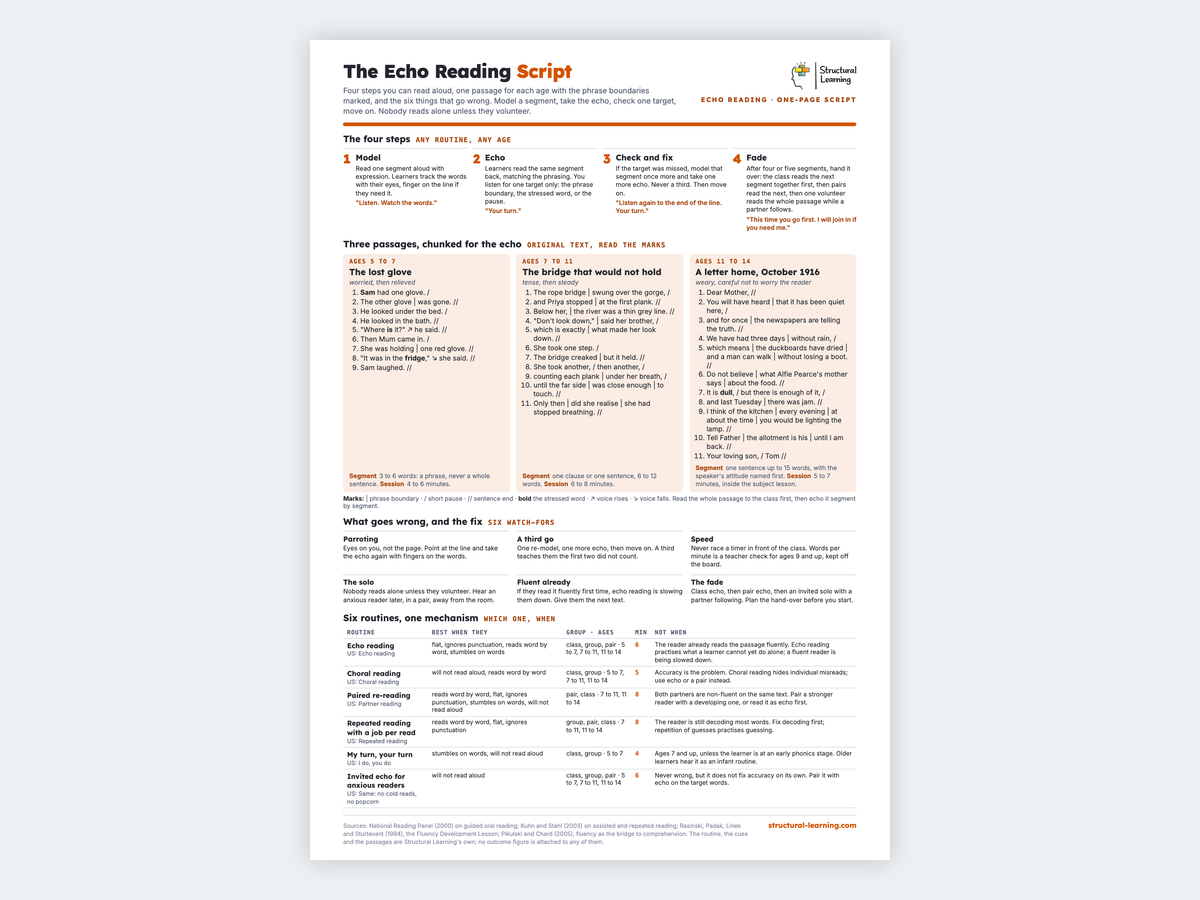 The Echo Reading Script sheet: one A4 page with the four steps, three marked-up passages by age and the six-routine table