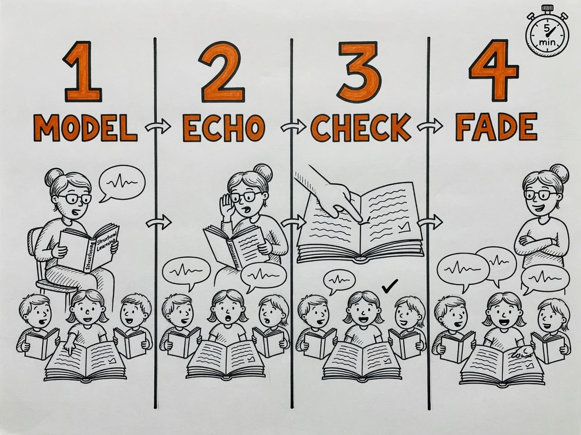 Sketchnote of the four-step echo reading routine: the teacher models a line, the learners echo it, the teacher checks one word, then steps back as the learners read together and one reads alone with a partner following