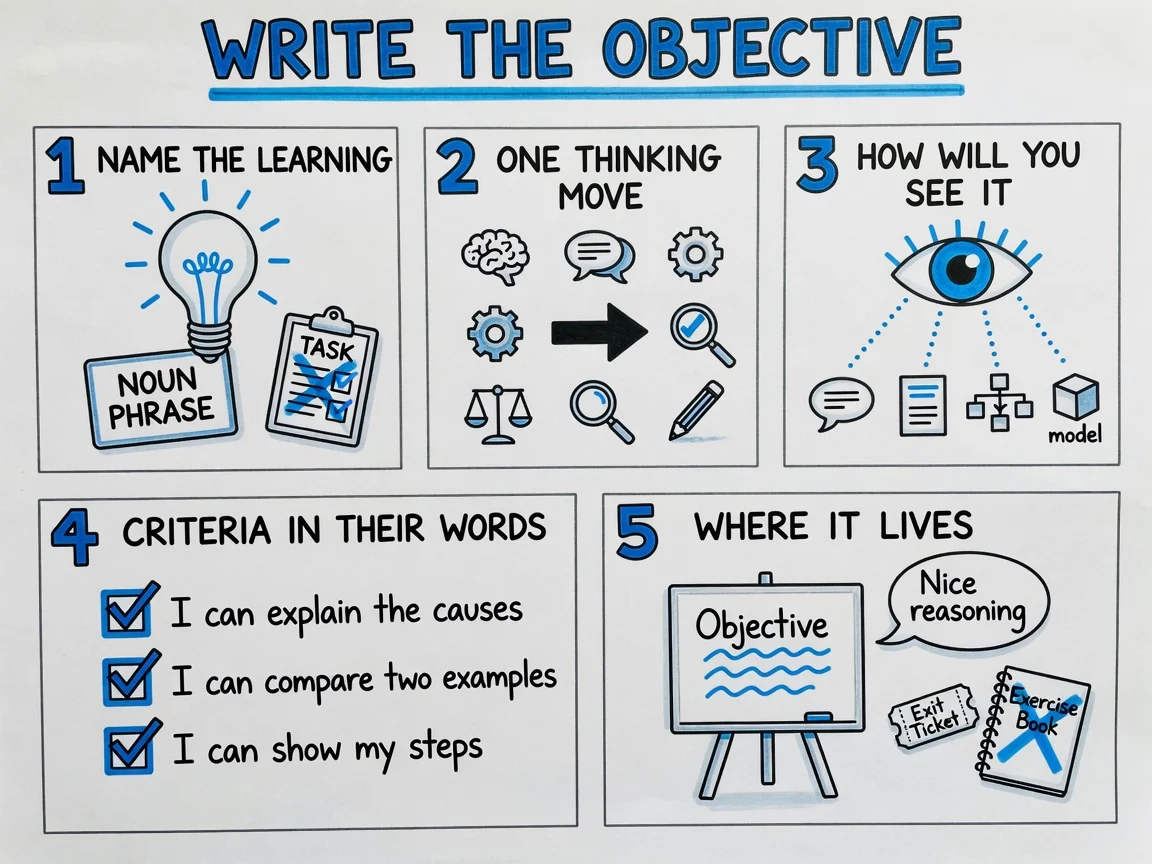Sketchnote of the five steps for writing a learning objective: name the learning not the task, pick one thinking move, say how you will see it, write the criteria in the learners' words, plan where it lives