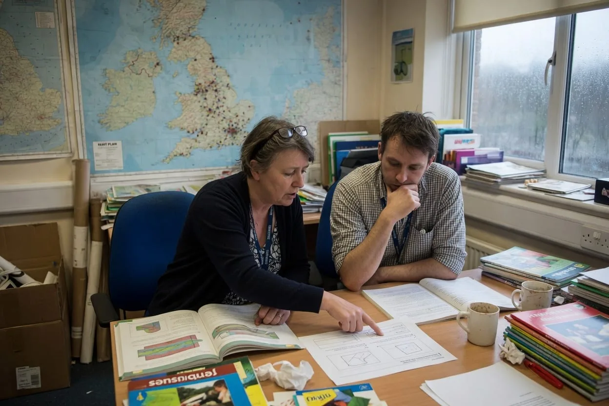 Two geography teachers in a department office after school, a printed scheme of work spread on the desk, one pointing at a unit with a pen, an atlas and a pile of exercise books beside them
