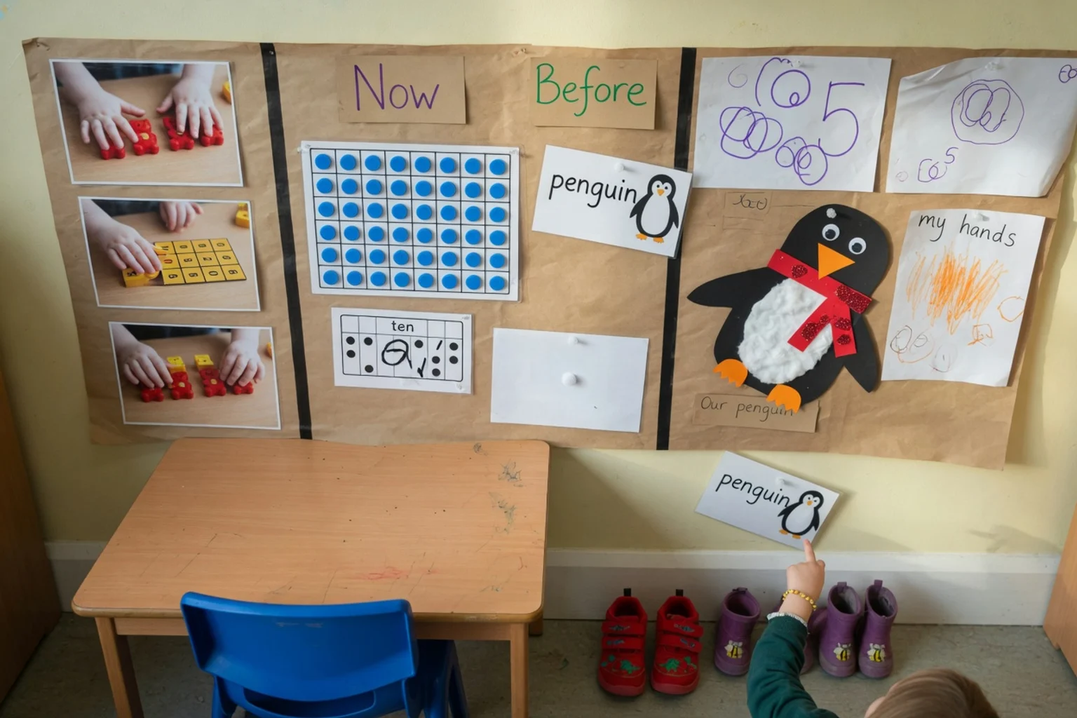 Reception working wall at child height with photographs, tens frame and vocabulary cards children can take