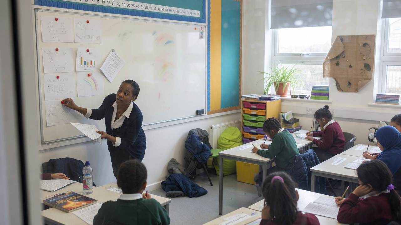 Year 3 teacher pins a jotting to a half-built maths working wall on a whiteboard in an open-plan academy classroom