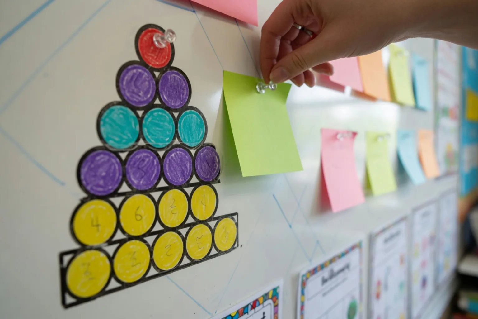 Year 3 maths working wall on a whiteboard: a teacher pins a sticky note beside a drawn stack of place-value counters