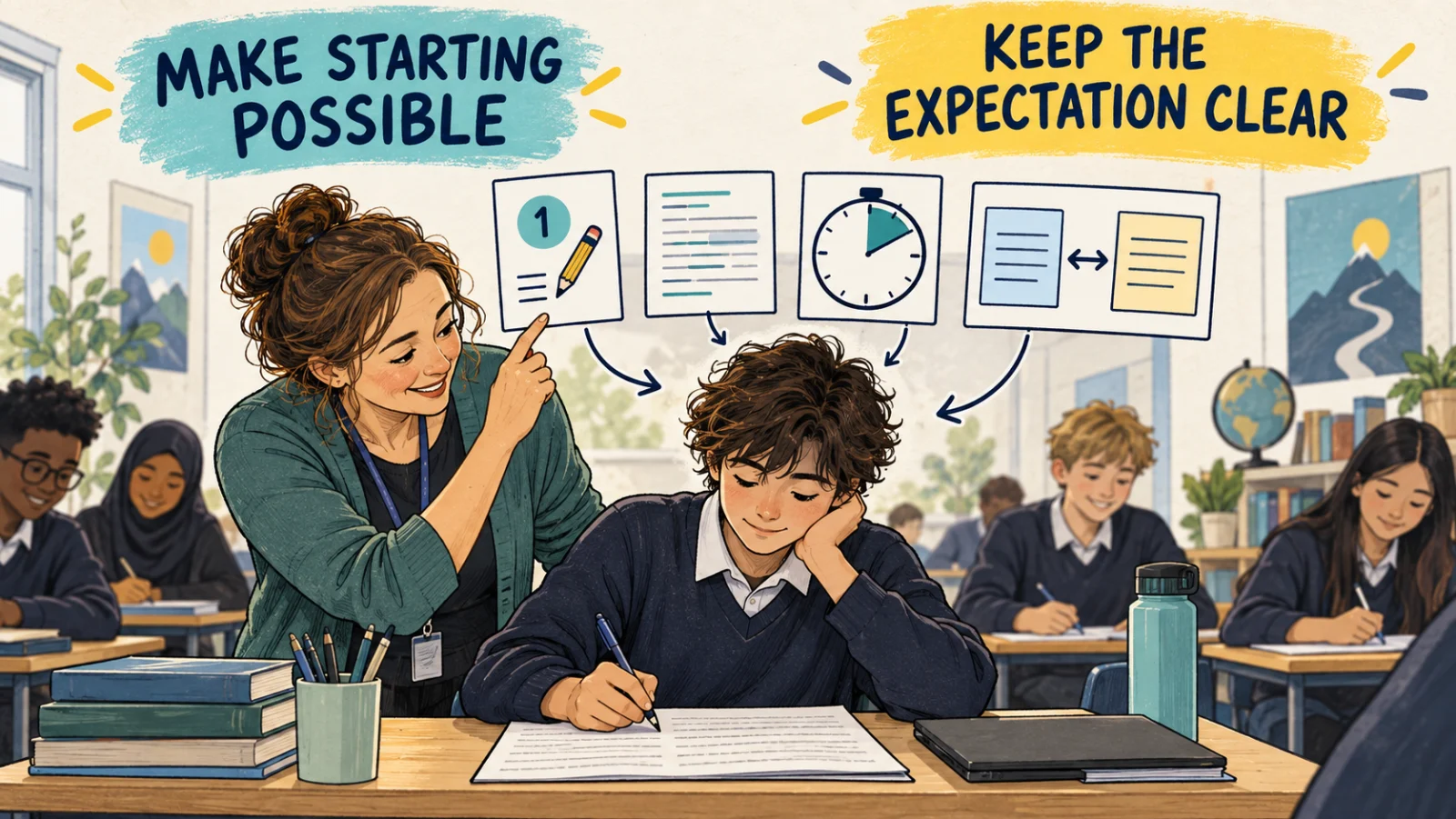 Sketchnote showing a teacher helping a learner begin the same demanding writing task with a first step, worked example, short timer and two equivalent starting prompts.