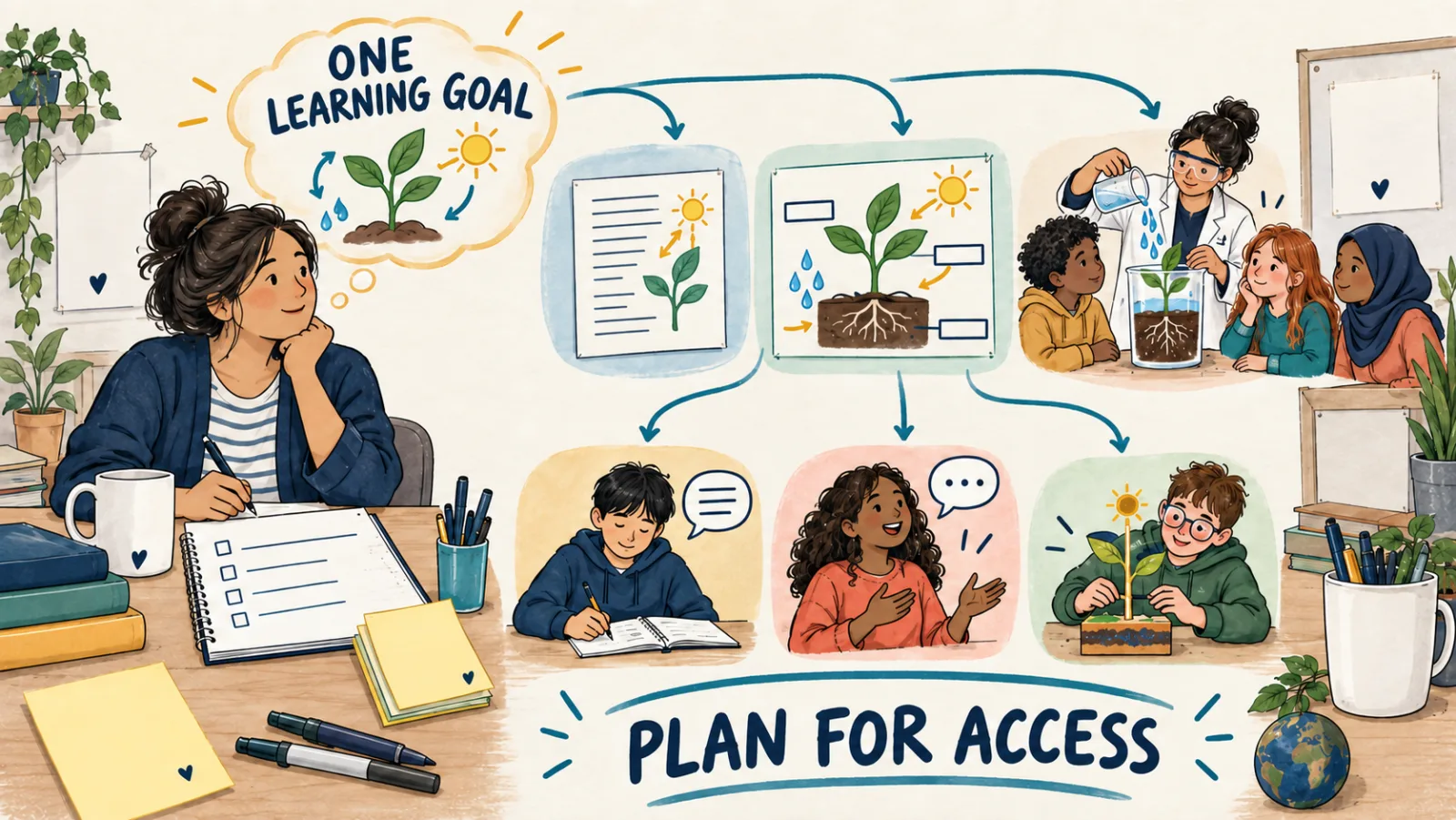 Sketchnote showing one science learning goal reached through text, diagram, demonstration, writing, discussion and a model.