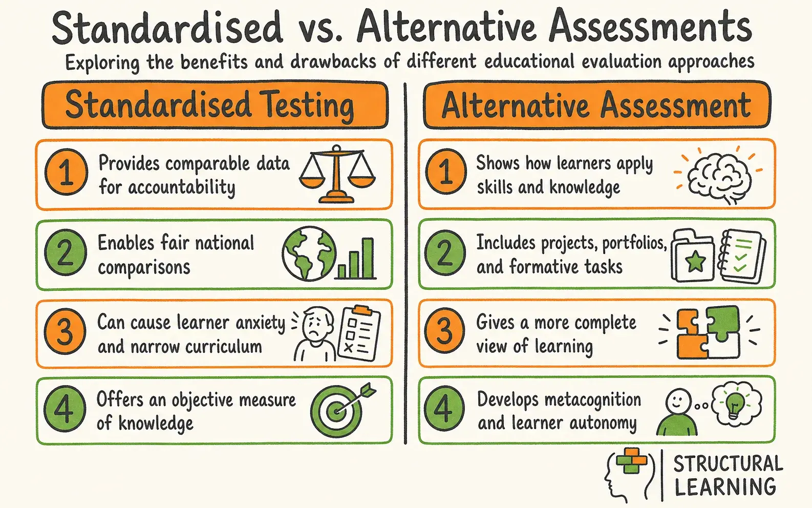Standardised Testing: Pros, Cons, and Better Alternatives infographic comparing Standardised Testing, Alternative Assessment, and Formative Assessment for
