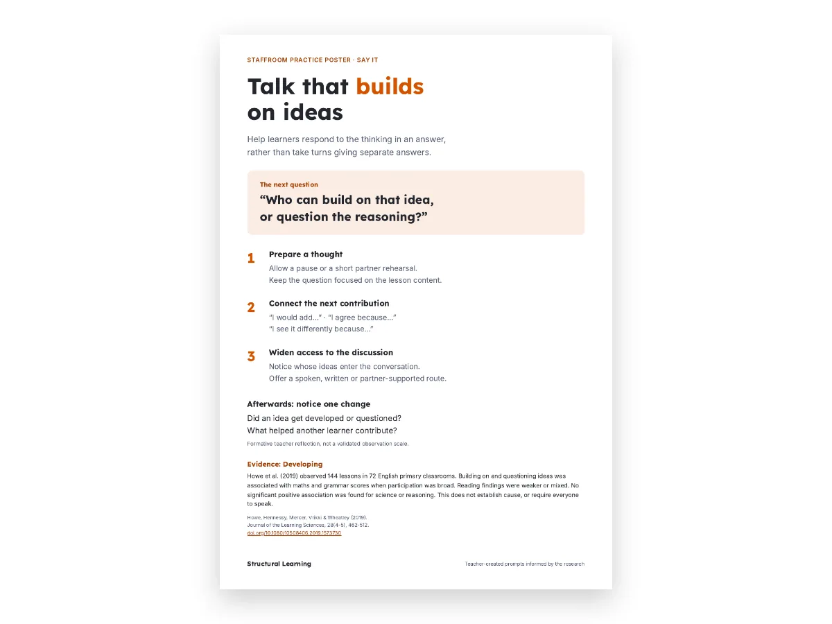 Practice poster: invite connected ideas and check understanding, with Developing evidence