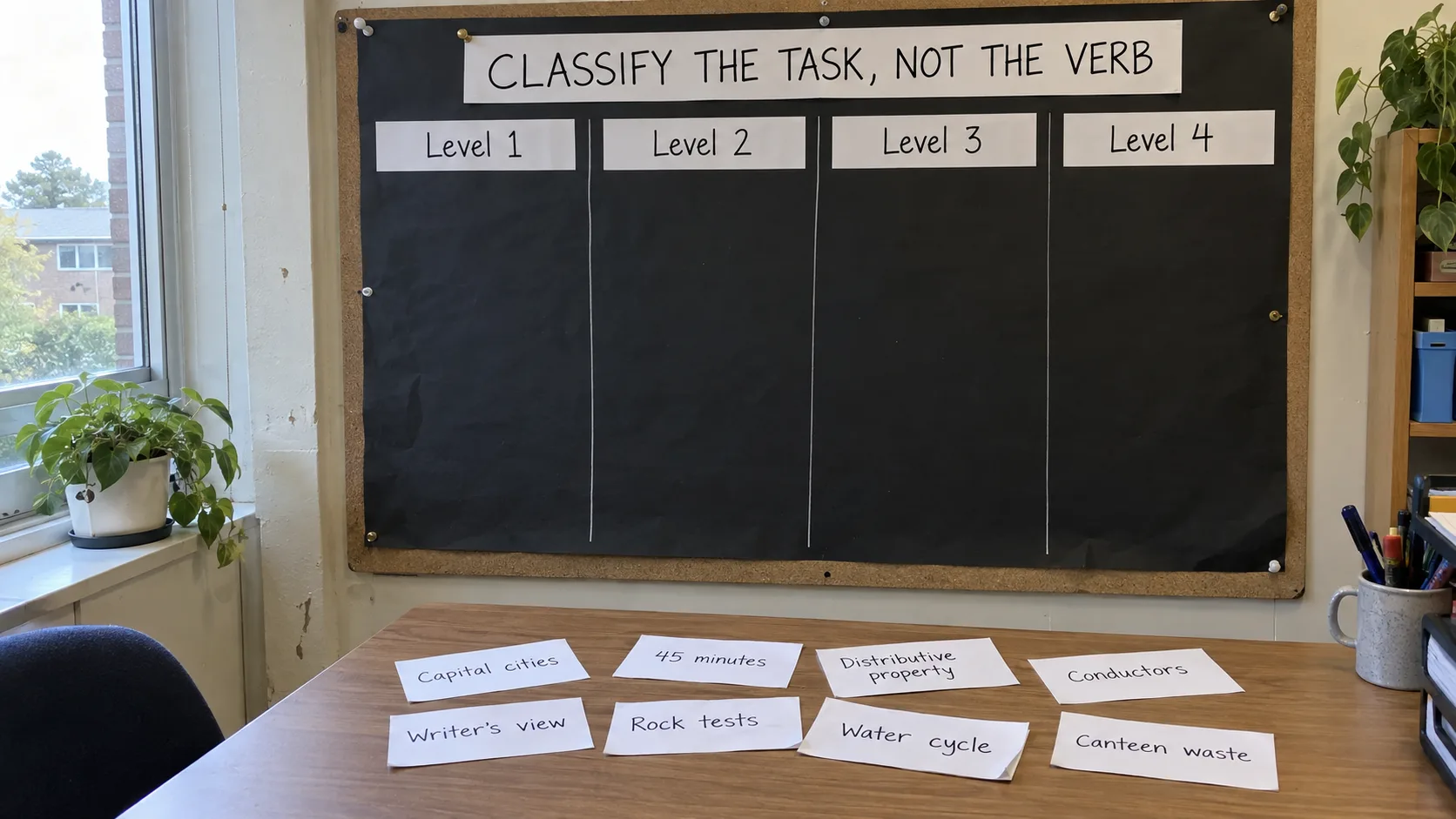 Department wall with four empty level columns and eight unsorted task cards, ready for a card sort