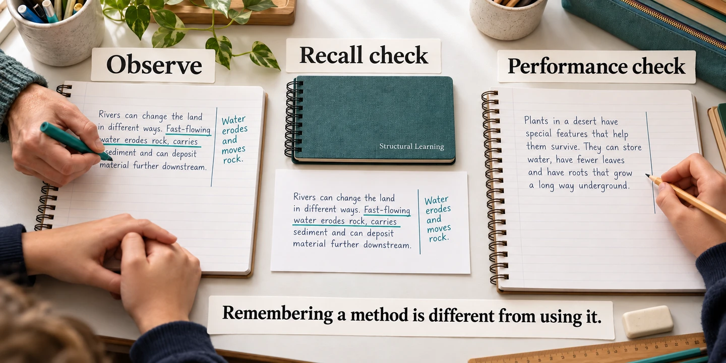 Bandura social learning: ask learners to recall a model and try a related task; neither check identifies a cause.