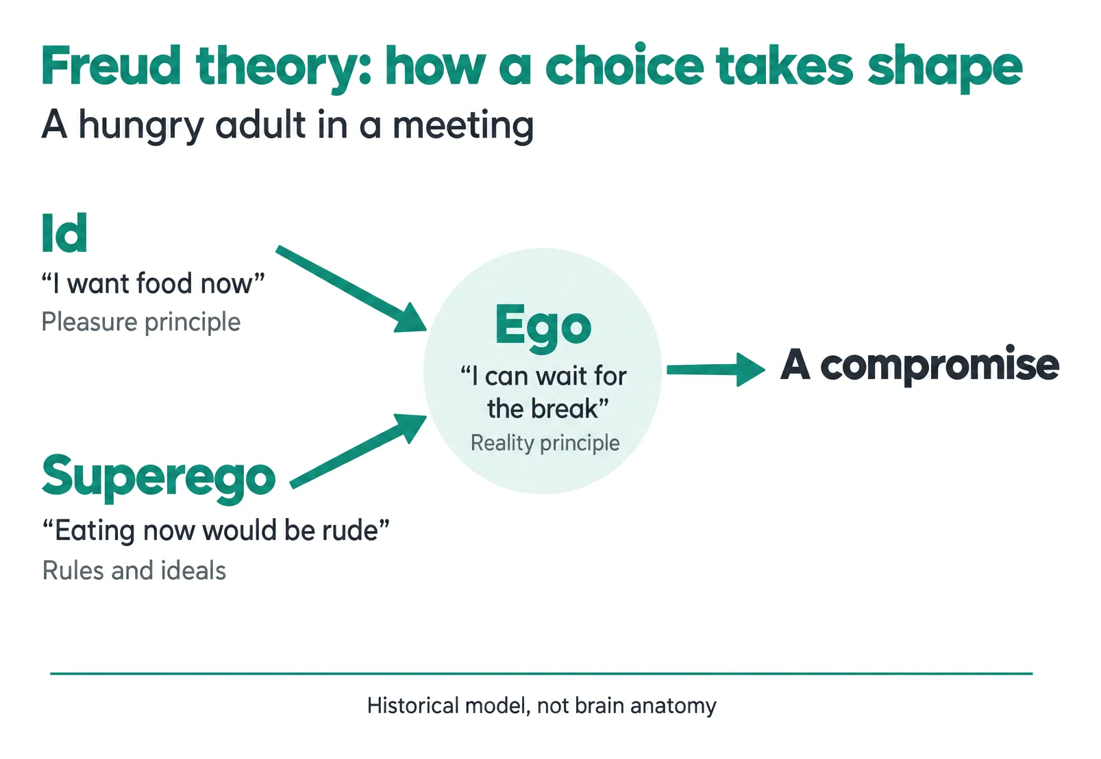 Freud theory diagram showing how hunger, a social rule and an ego compromise shape an adult's choice.