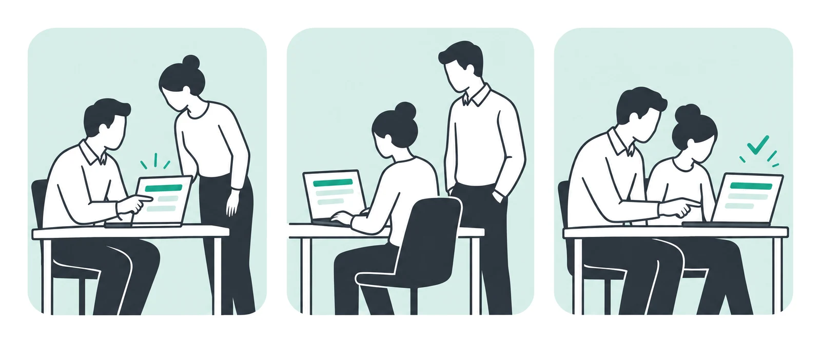 A new colleague watches a workplace task, makes an attempt and checks the result with an experienced colleague.