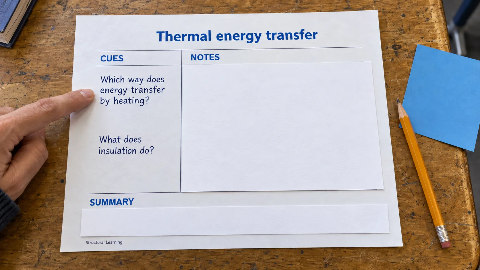 Two cue questions remain visible while paper covers the notes and summary on a Cornell sheet.
