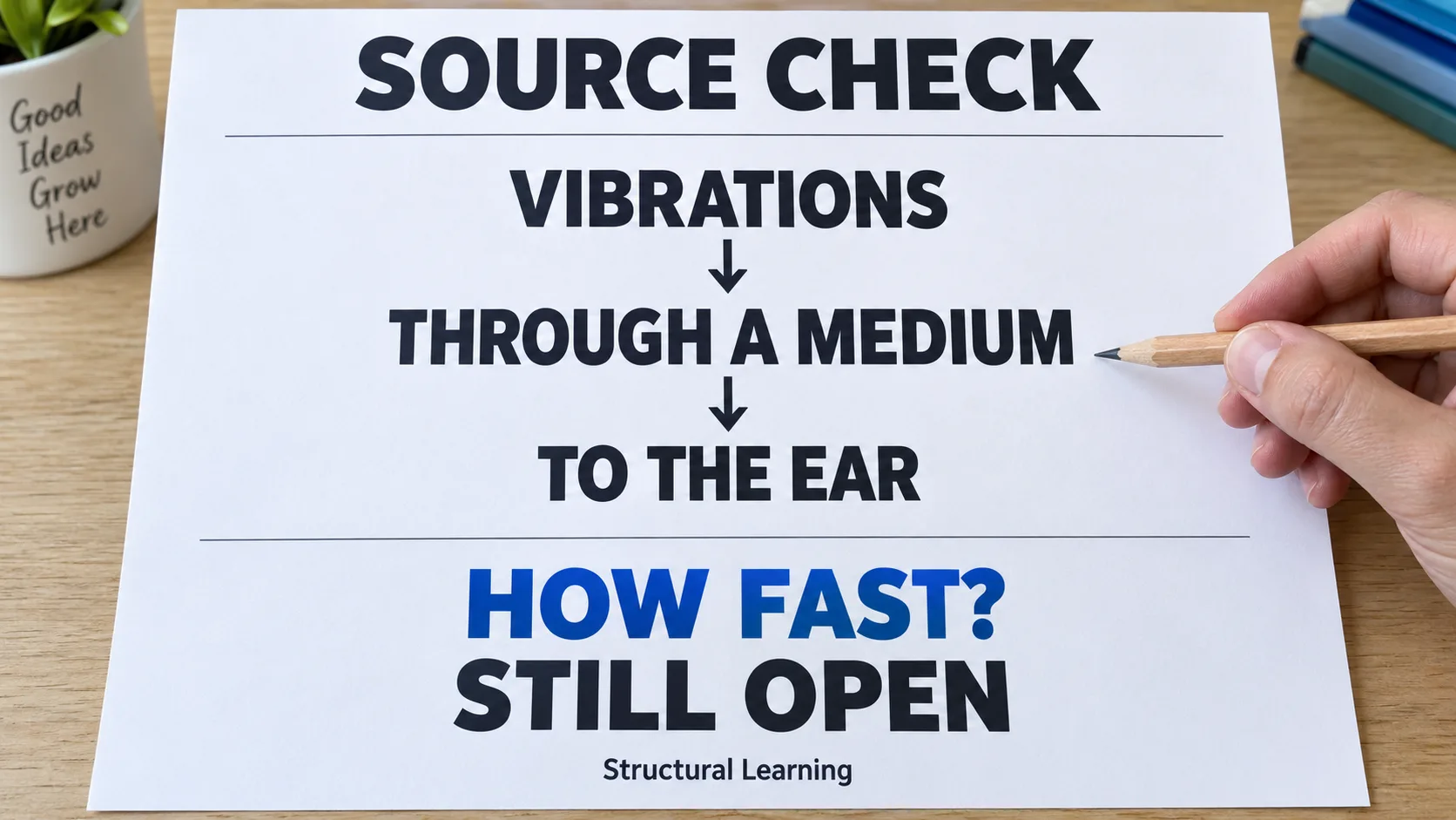Sound-source diagram: vibrations travel through a medium to the ear; the question “How fast?” stays open.