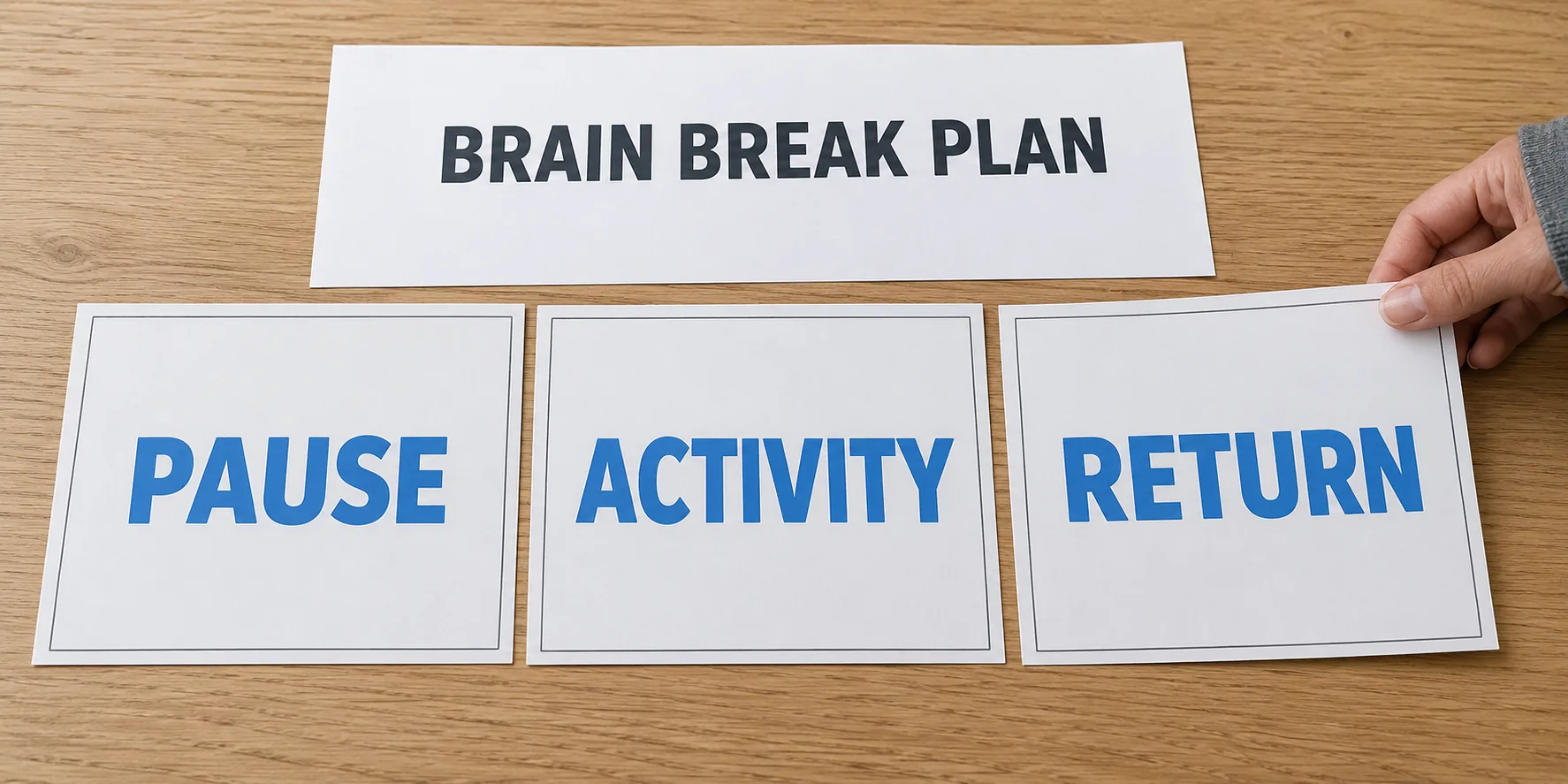 Three cards read Pause, Activity and Return beneath a Brain Break Plan heading.