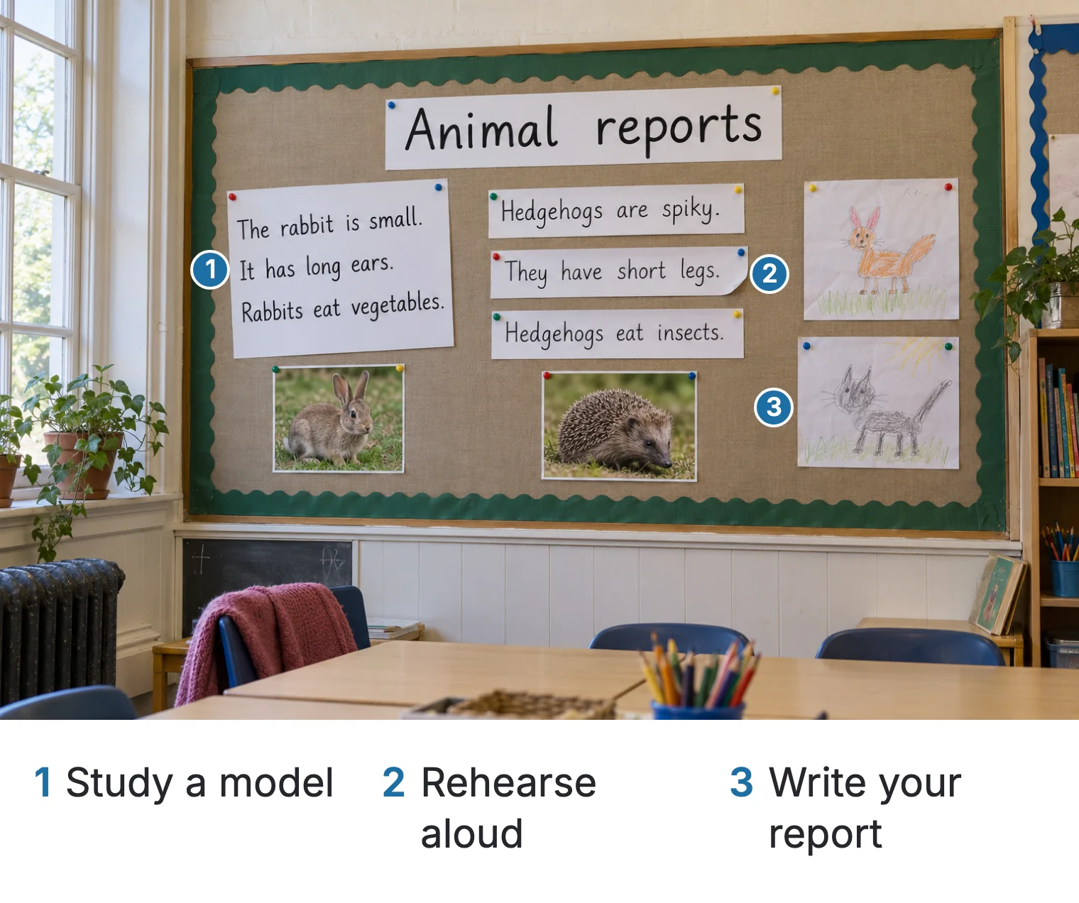 Numbered pins link a rabbit model, hedgehog sentence strips and learner drawings to an animal-report writing task.