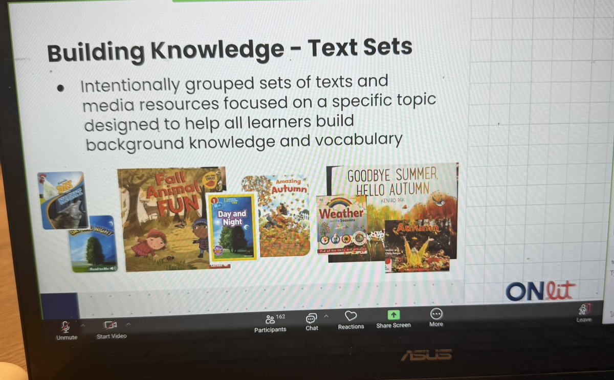 A webinar resource slide defining text sets, with autumn-themed book covers.